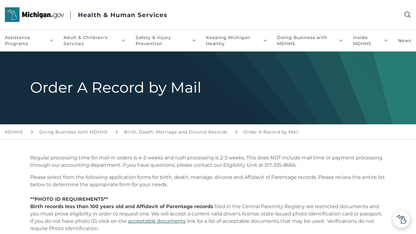 Order A Record by Mail - Michigan